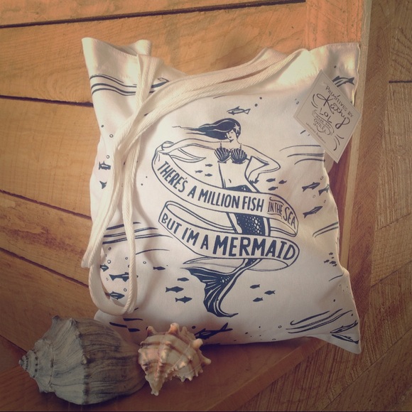 Mermaid Beach Bag Tote Canvas Shoulder Purse Fish - Picture 2 of 6